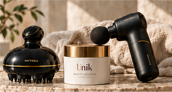 Masajeador capilar MYTREX, colágeno Unik y pistola de masaje MYTREX para belleza y bienestar en casa